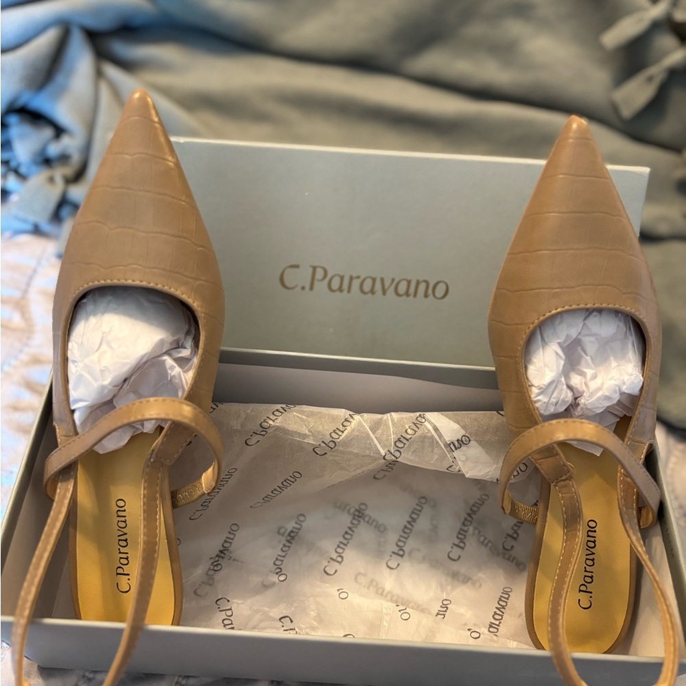 C. Paravano Women's Tan Pointed Toe Sling Back Heels-NIB-size EU 36 1/2